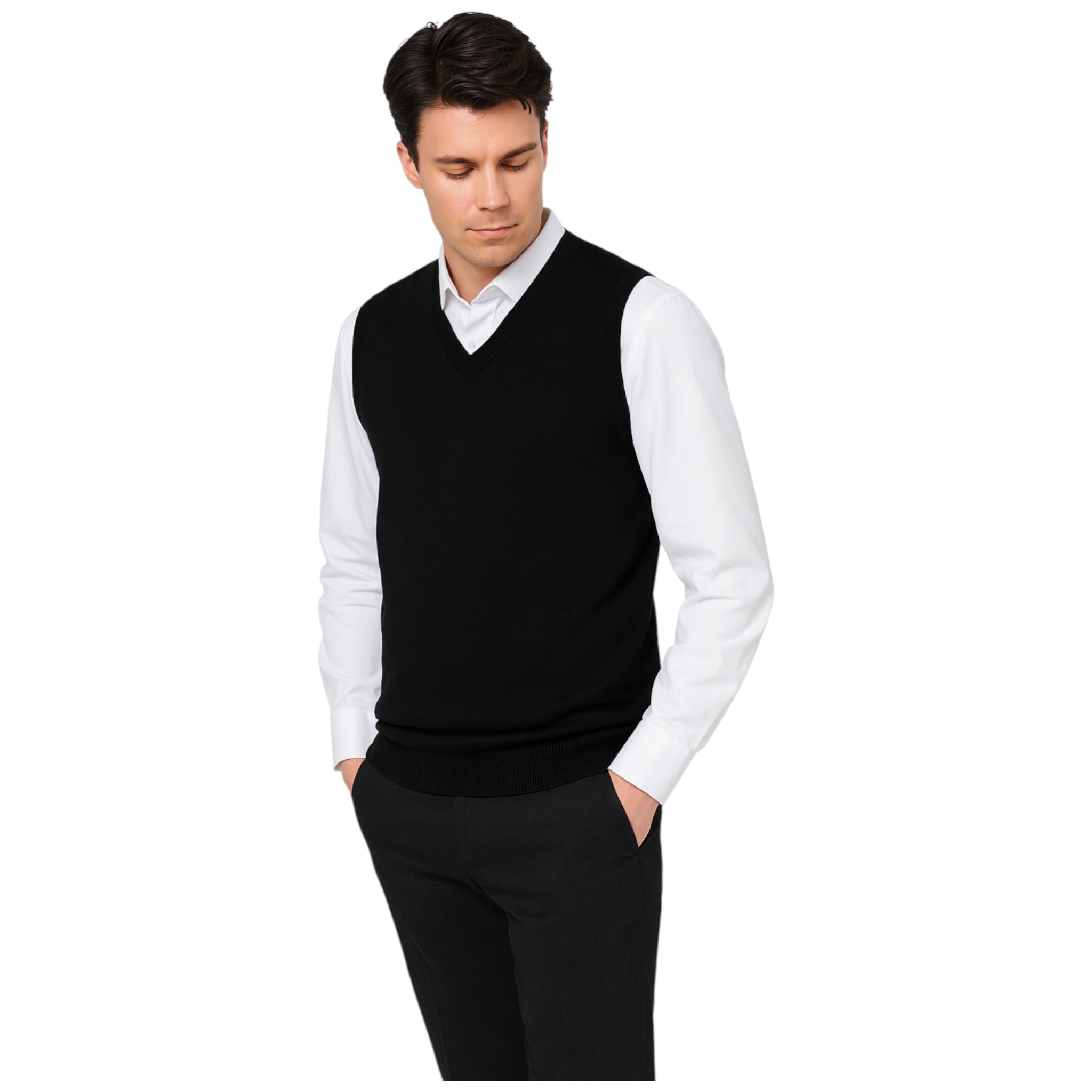 Men’s black V-neck sleeveless jumper tank top – smart knit pullover